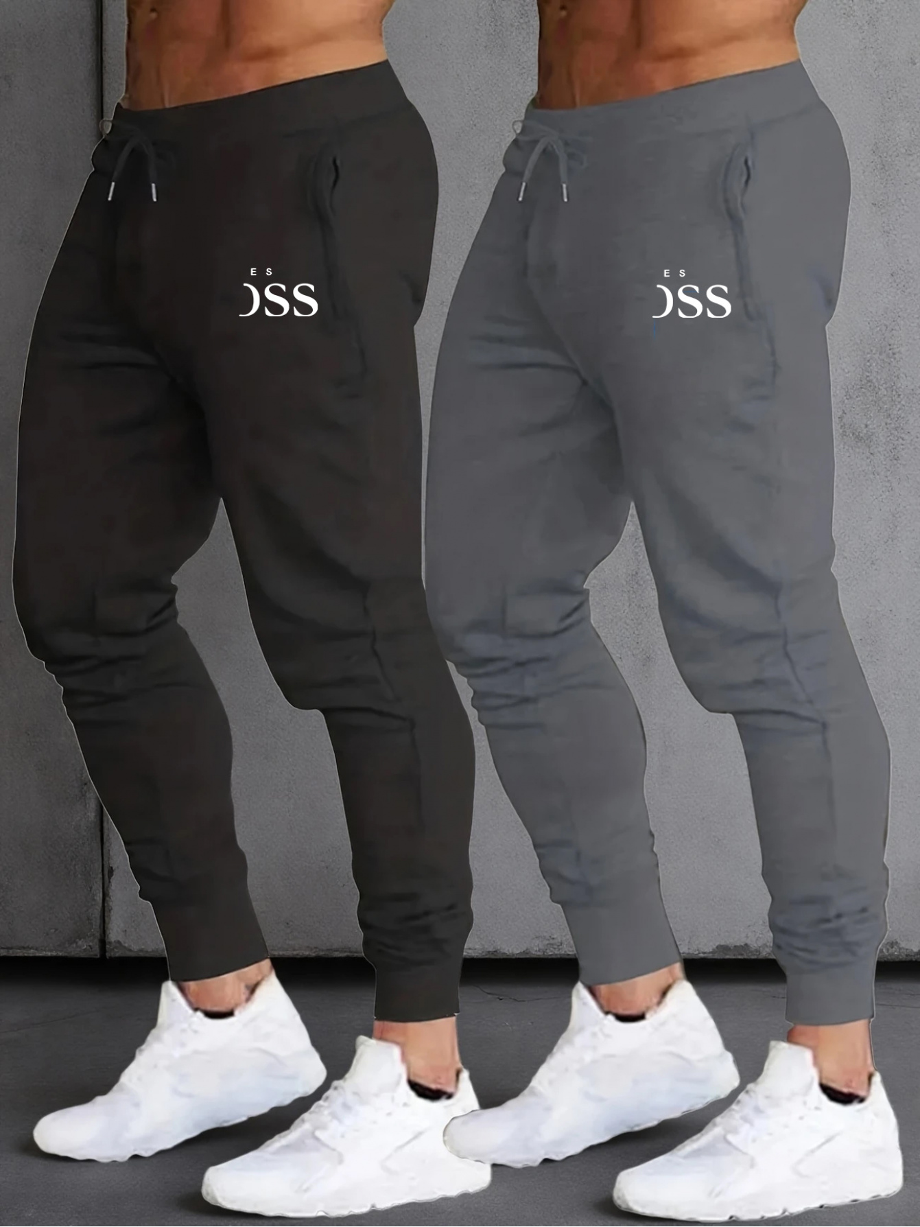 Men's 2-Tone Jogger Pants with Elastic Waist & Drawstring - Dark Green/Black/Navy Blue Gym Track Pants, White Logo Print, 100% Polyester Athletic Casual Trousers for Training, Workout & Casual Attire (Machine Washable)