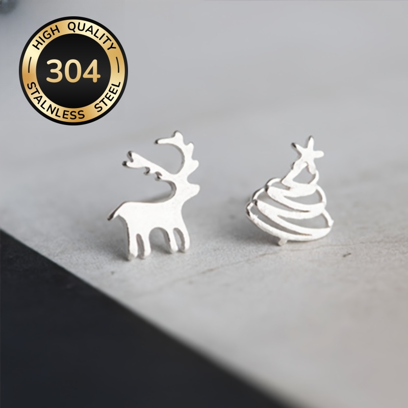TEMU High Quality 304 Stainless Steel Stud Earrings Cute Design Christmas Tree Elk Earrings For Women Daily Party Holiday Christmas Gifts