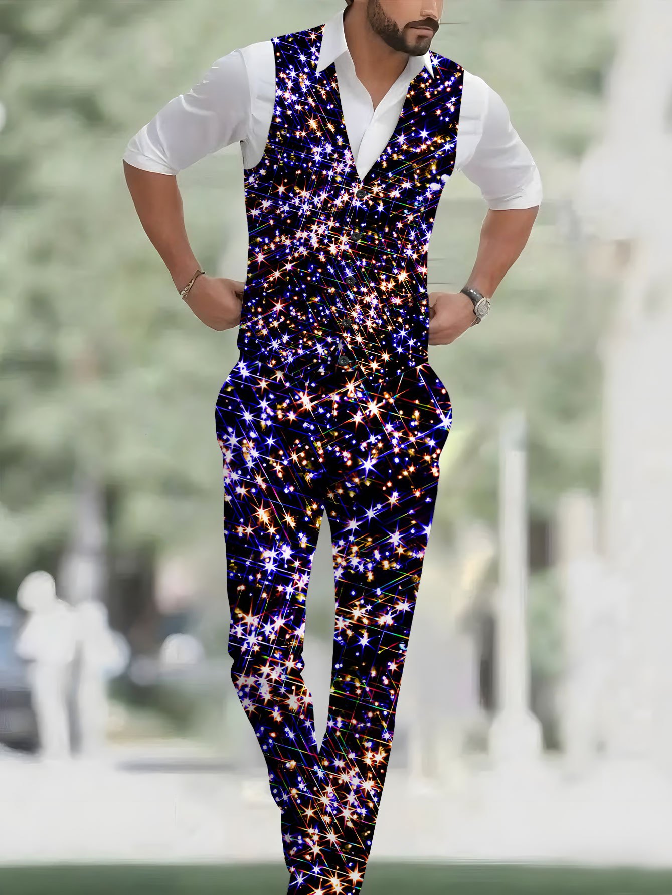 Men s Fashion 2pcs Vest + Pants Set: Starlight Sparkle Abstract Pattern Classic Banquet Wedding Party Suit, Casual   Print Vest and Trousers Combo