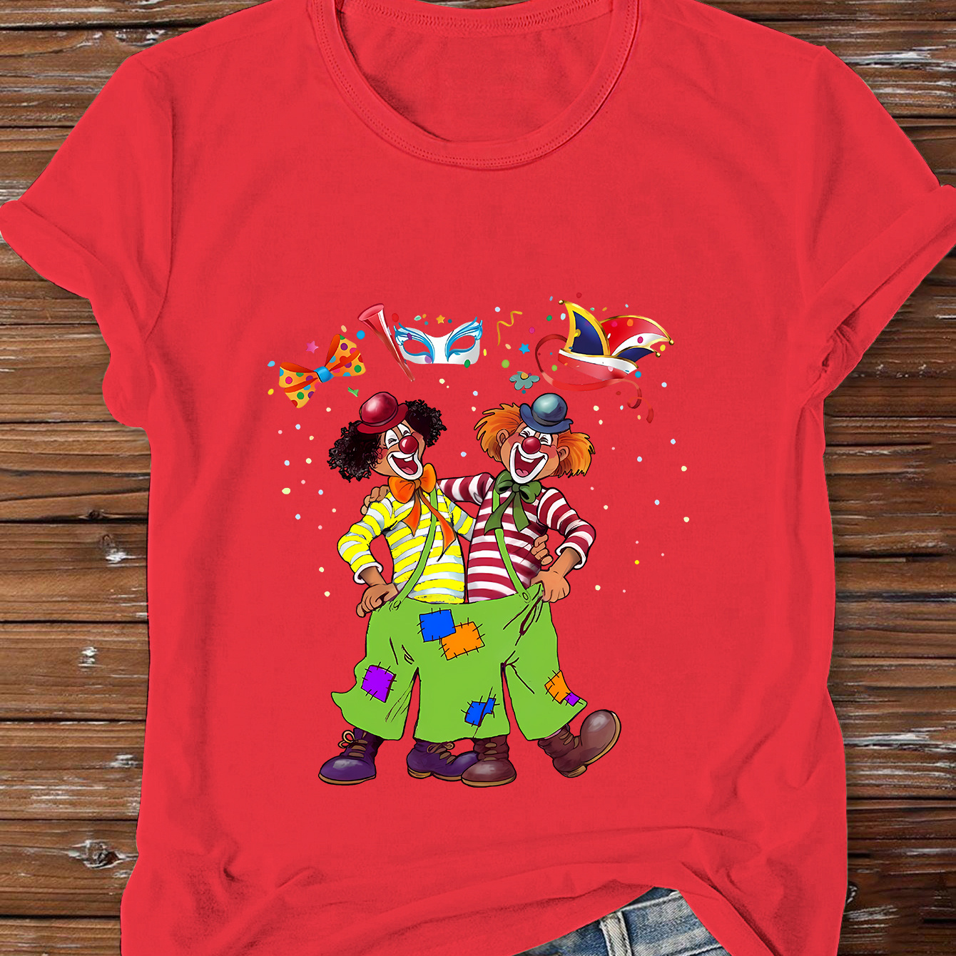 

Women's Casual Crew Neck T-shirt, Brazilian Carnival Theme Cartoon Clown Print, 100% Polyester Knit Fabric, Spring/summer Fashion, Regular Length - 180gsm