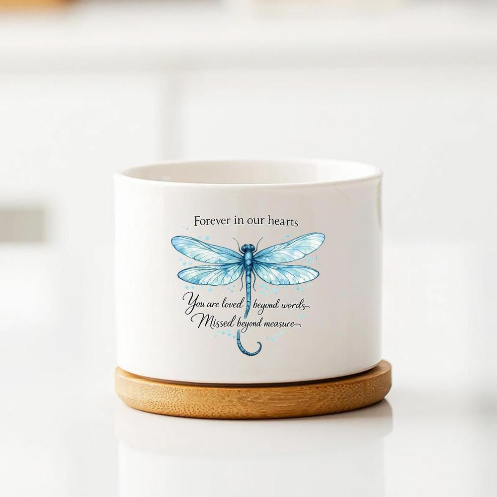 TEMU Flower Planter Blue Dragonfly Memorial White Porcelain Round Planter With Bamboo Tray, Watercolor Design, Indoor Outdoor Home Garden Decor