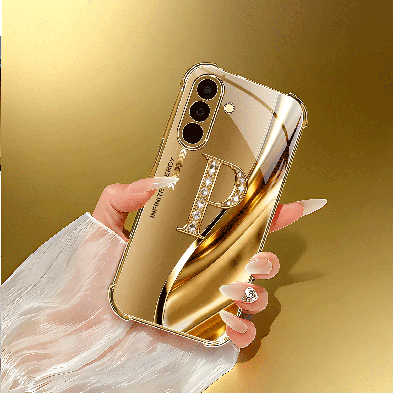 TEMU Phone Case: Golden Letter "p" Inlaid With Diamonds, Golden-plated Four-corner Glass Phone Case. Suitable For Galaxy S21/22/23/24/25