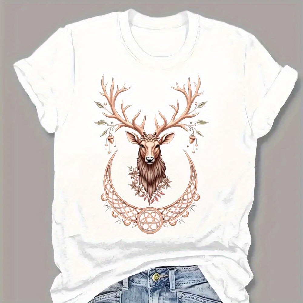 

Women's Casual Sports T-shirt, Short Sleeve Crew Neck Deer Print Top For Summer & Spring