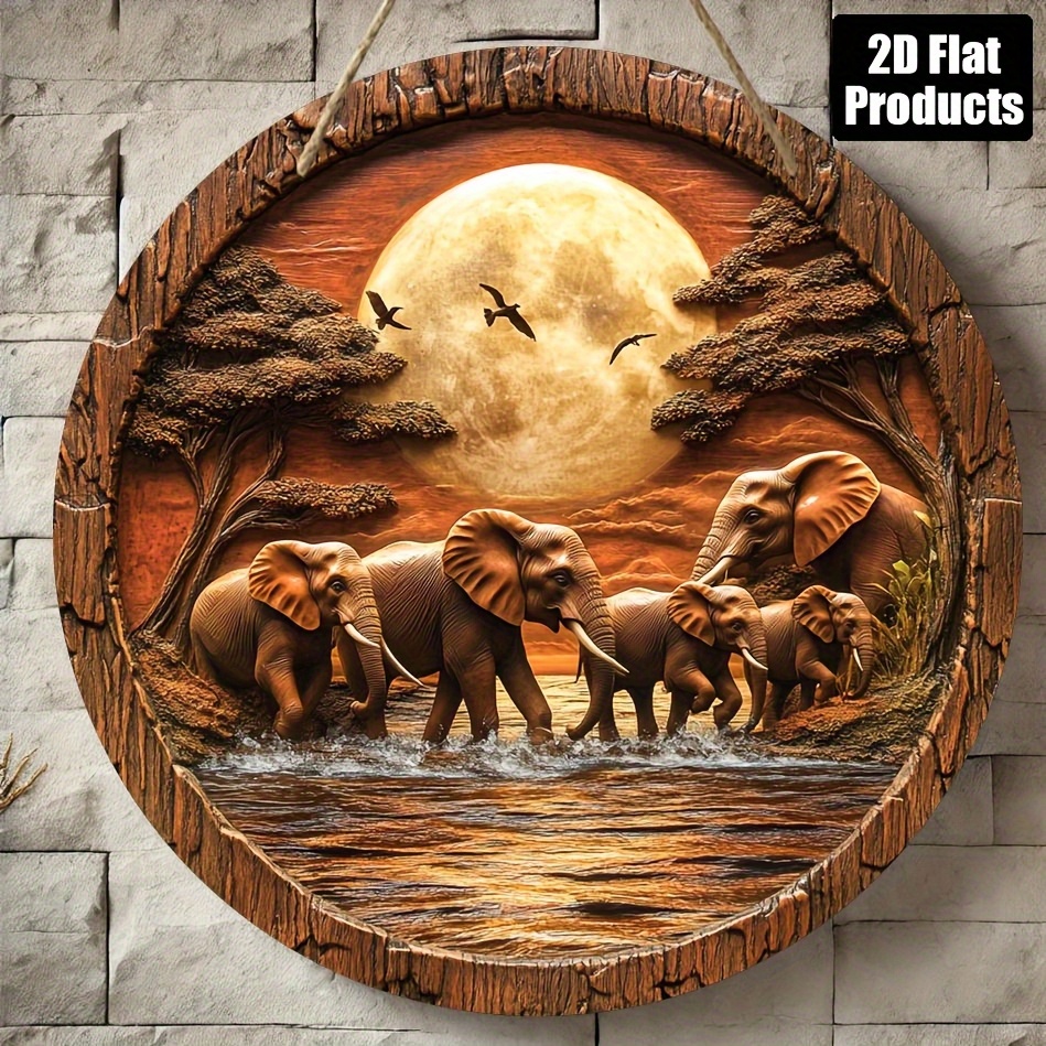 TEMU 1pc Round Vintage Elephant Wall Decor - Solid Wood Retro Sign Suitable For Home, Kitchen, Cafe, Office, Decoration, Wood Grain Panel With ,