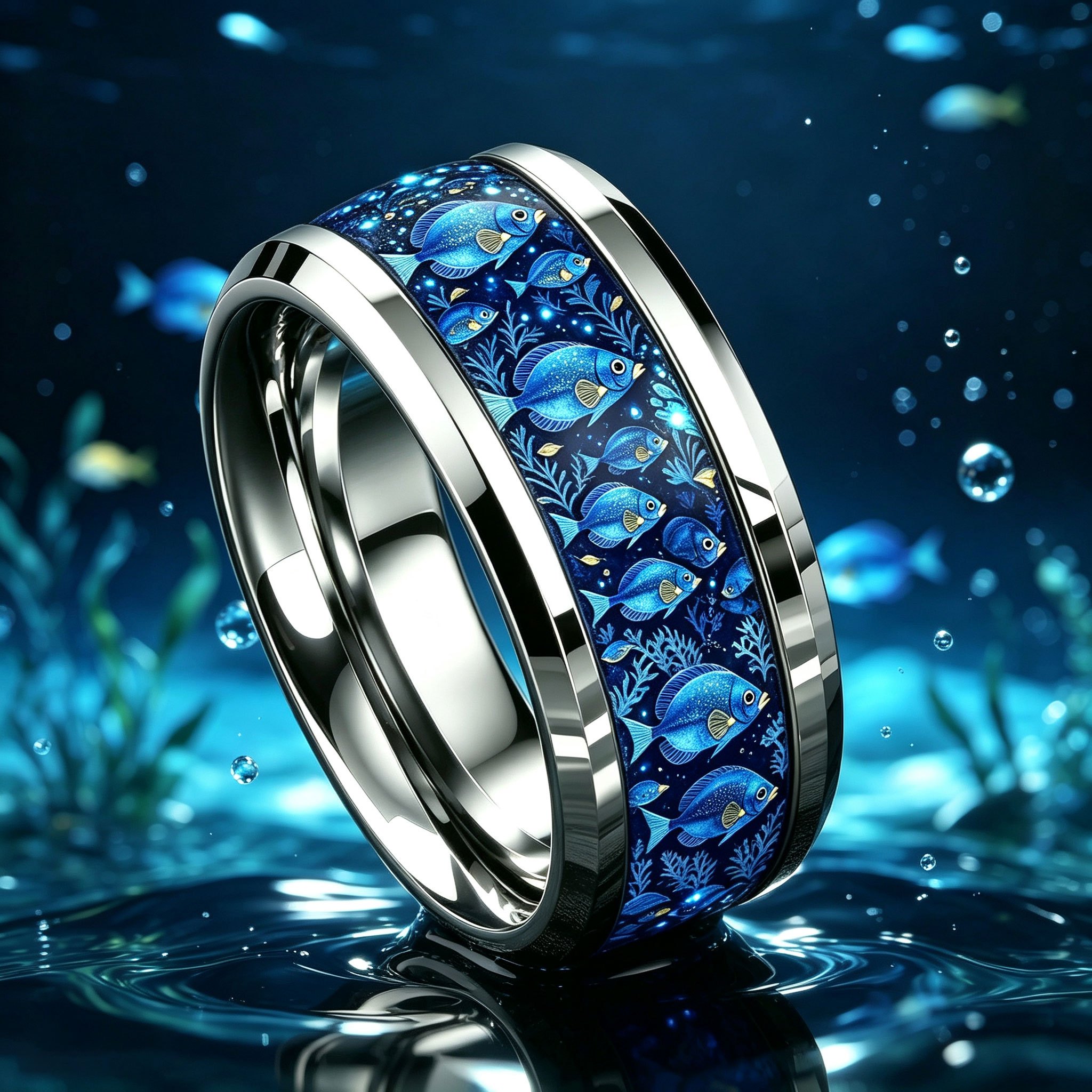 Deep Sea Blue Tropical Fish Algae 304L Stainless Steel Ring