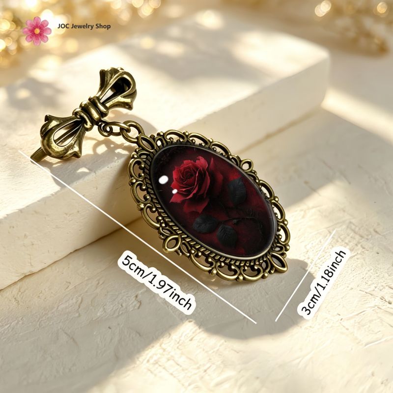 TEMU Vintage Red Rose Cameo Brooch Pin - Elegant Oval Floral Jewelry, Vintage Bronze Bowknot Lapel Accessory, Exquisite Decorative Pin For Scarf Coat