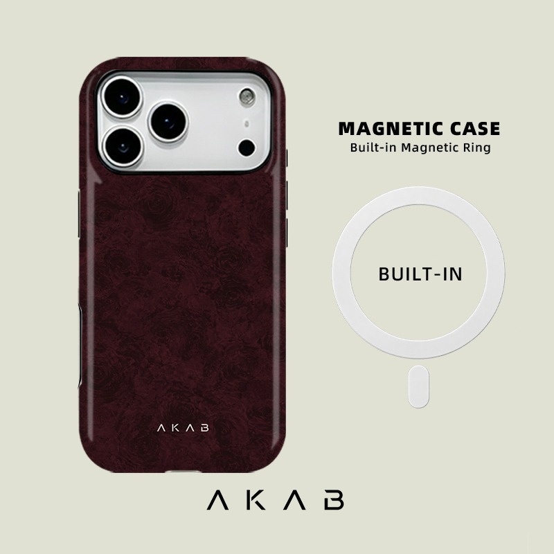 TEMU Phone Case - Akab Magnetic Phone Case, Dark Burgundy Rose Floral Pattern Aesthetic Design For Iphone 17 16 15 14 13 12 11 Pro Air, 2-in-1