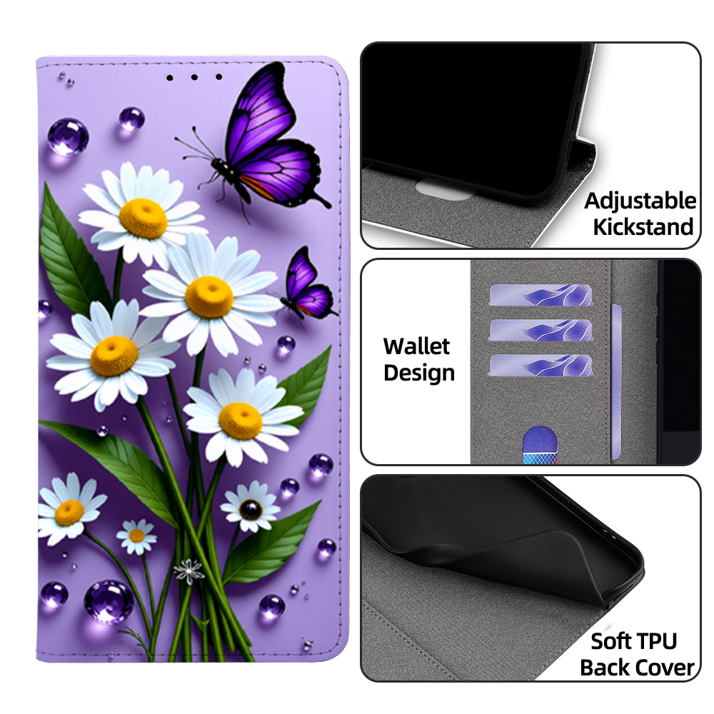 Husă Telefon - Potrivită pentru Galaxy A15 5G A17 A16 5G A55 A35 A25 A54 A34 A20E A24 A56 A26 A36 A07 A04S A32 A40 A31 A41 A22 A53 A70 A22 A33 A51 A90 A42 A23 A06 4G 5G, Model cu Model Mov, Margarete și Fluturi, Carduri, Portofel, Închidere Tip Flip, Suport