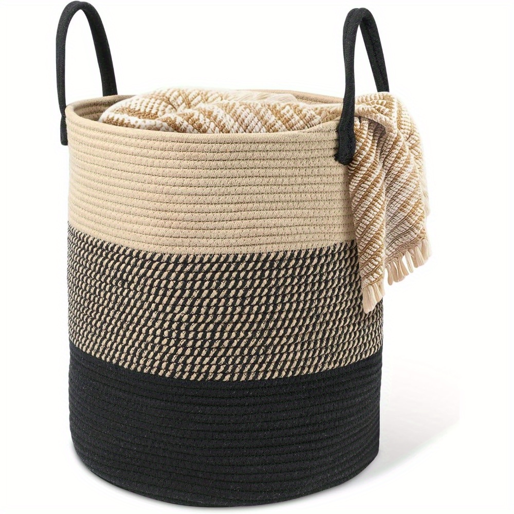 1pc Bedee Woven Laundry Basket With Handles - Round Fabric Wrap-around Design, 2 Sides Woven, , Ideal For Bathroom & Teen, Laundry Basket