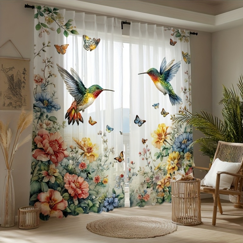 TEMU 2 rideaux voilages aquarelle et papillon, rideaux transparents pour fenêtres de maison, adaptés à toutes , lavables en machine, idéaux pour
