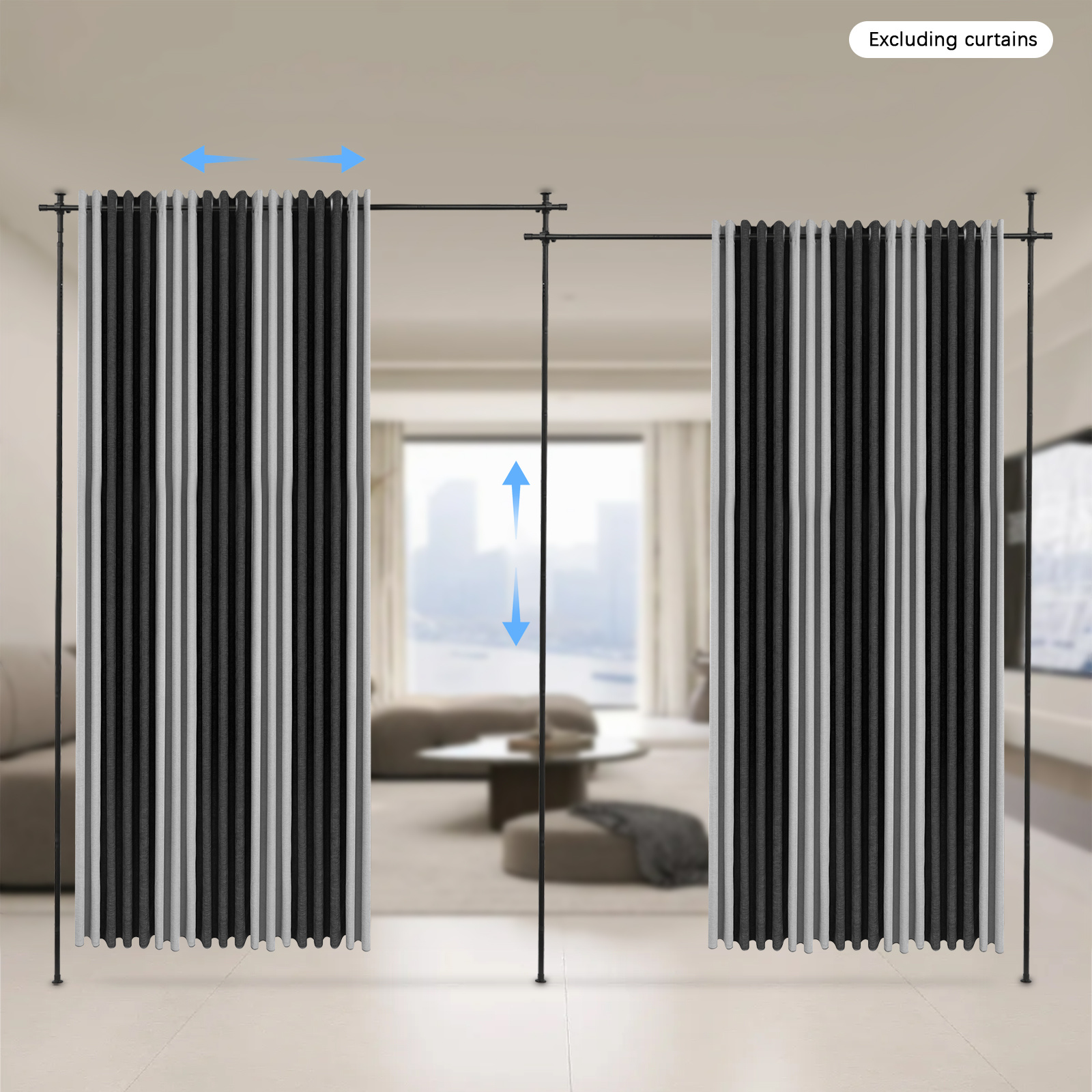 Double Curtain Divider Stand, Extendable Curtain Rod Room Divider, Vertical Curtain Stand, Height & Length Adjustable Design, For , Patios, Toilets
