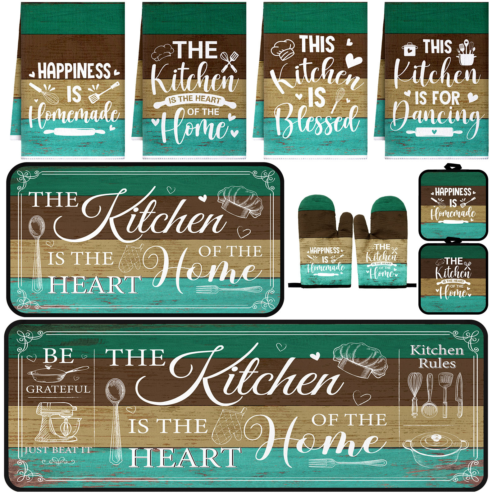 TEMU 10pcs Farmhouse Kitchen Decor And Accessories Set Towels 2 2 Oven Mitts 2 Rugs For Cooking Baking Mom Housewarming Gifts(green, )