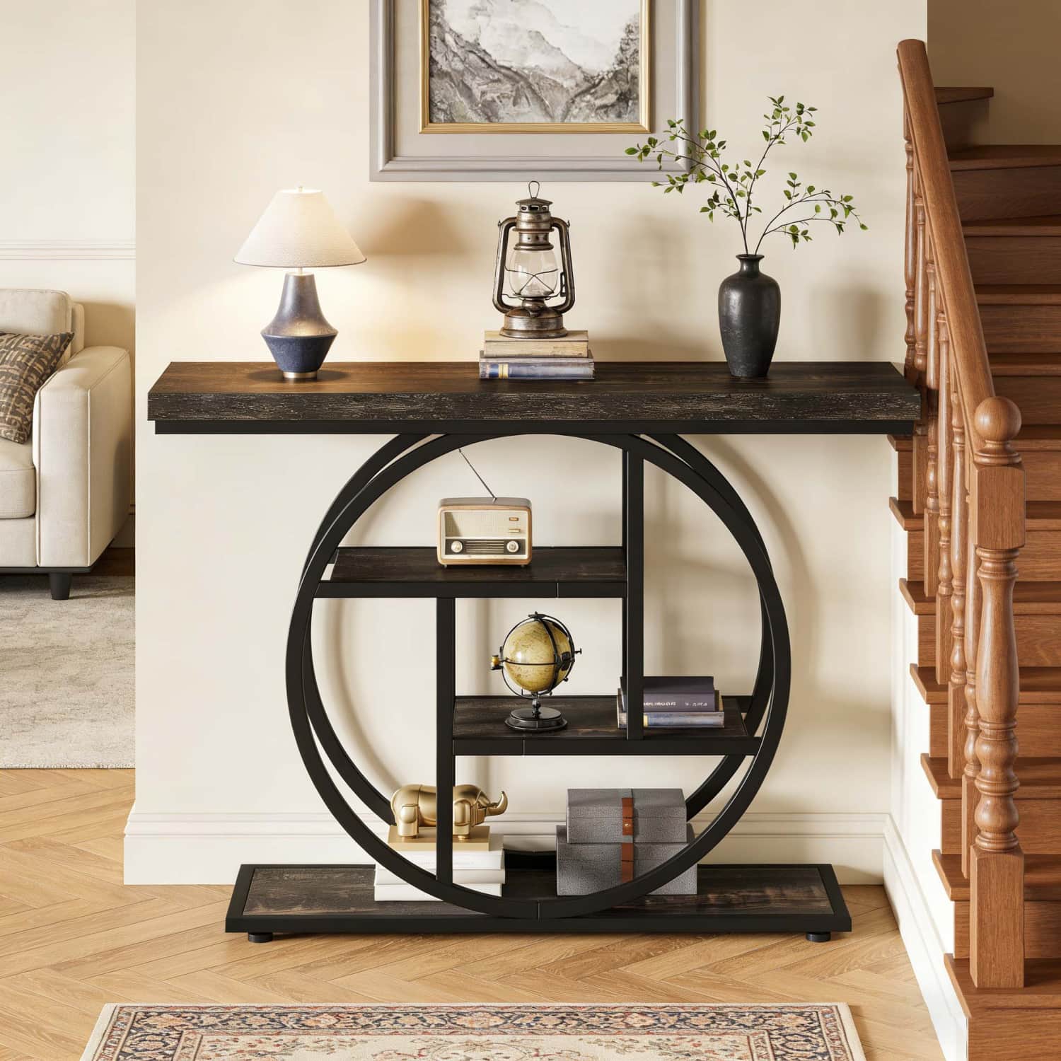 Image of Modern Industrial Console Table 4-tier Narrow Sofa Table With Wood Top & Base, Suitable For Living Room, Hallway, Foyer - Storage Shelves Entryway Furniture