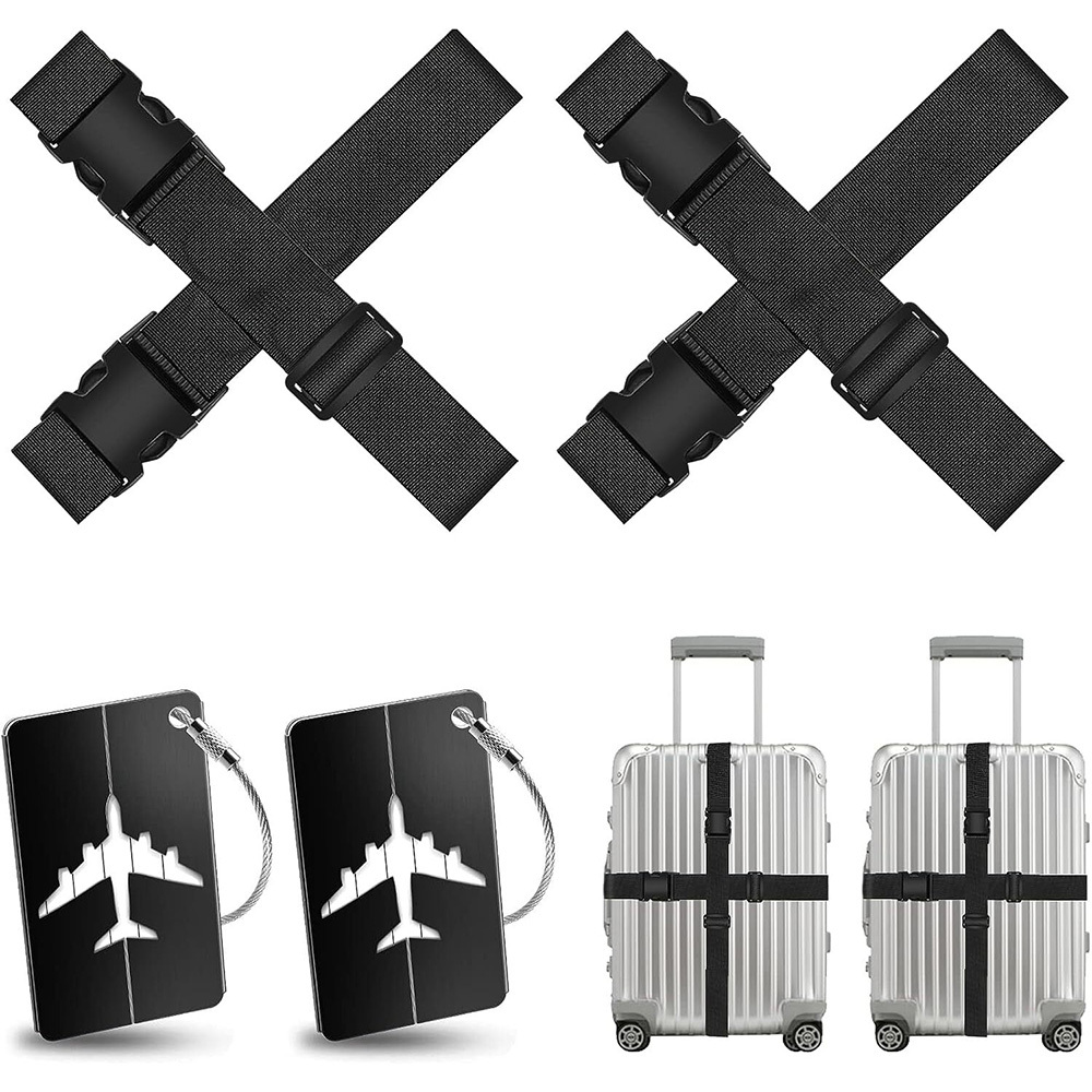 4-pack Adjustable Luggage Straps - Anti-theft Reinforced Suitcase Belt (5cm X 200cm) With 2 Black Luggage Tags (7.5cm X 4.5cm)