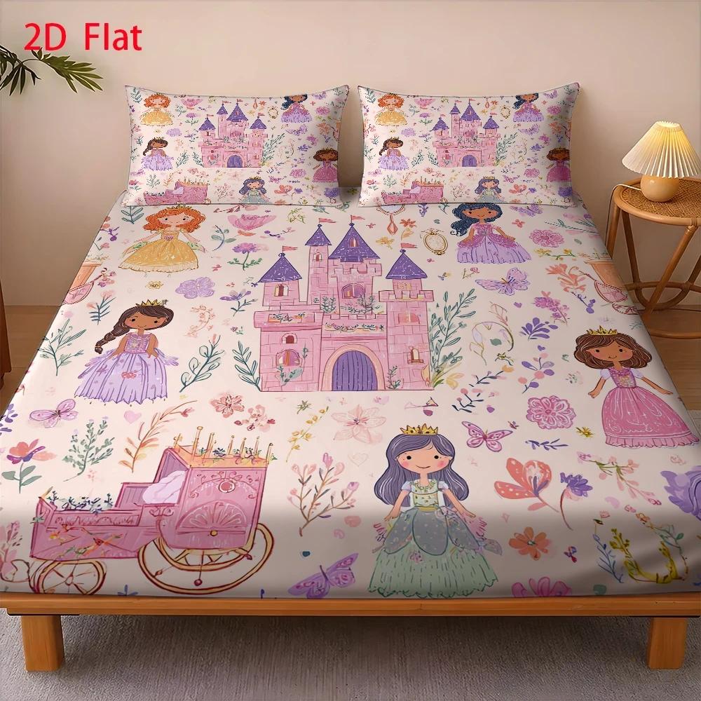TEMU 3pcs Mattress Protector Set, 1pc Fitted Sheet And 2pcs Pillowcases (filling Not Included), Castle Theme, Cute Cartoon Style, Birthday Party, ,
