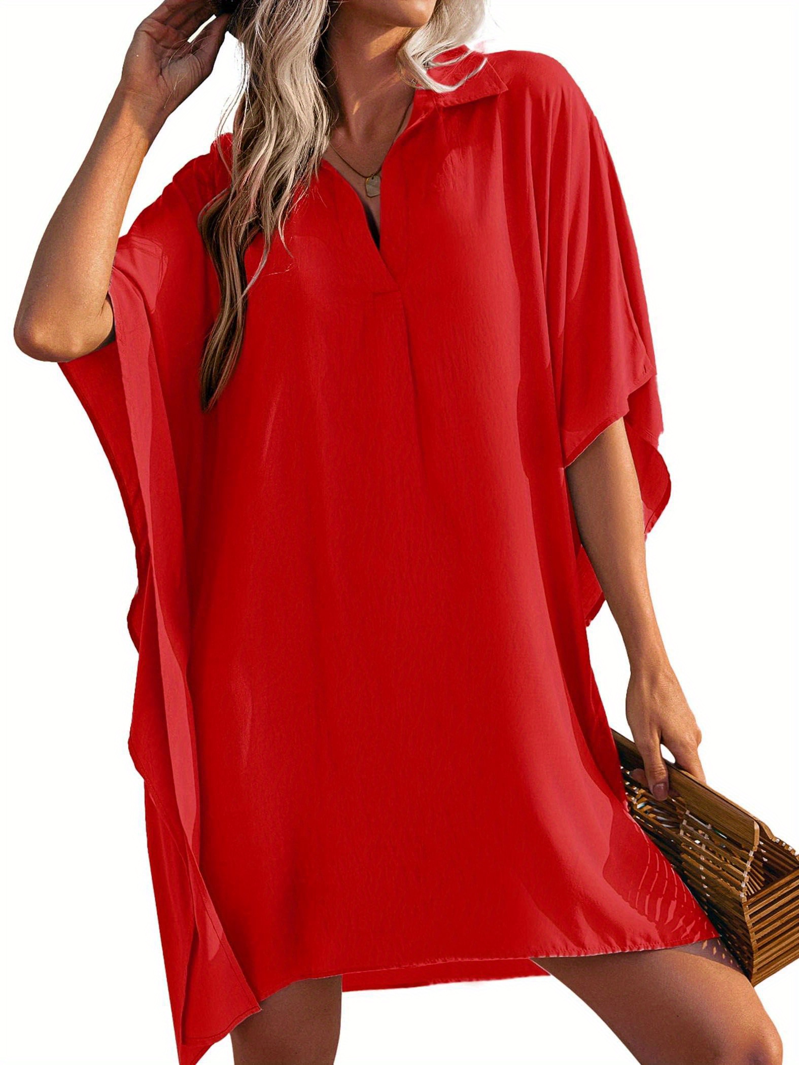 Romose Women's Retro Bikini Cover Up Dress – Short Sleeve V-Neck Beach Tunic