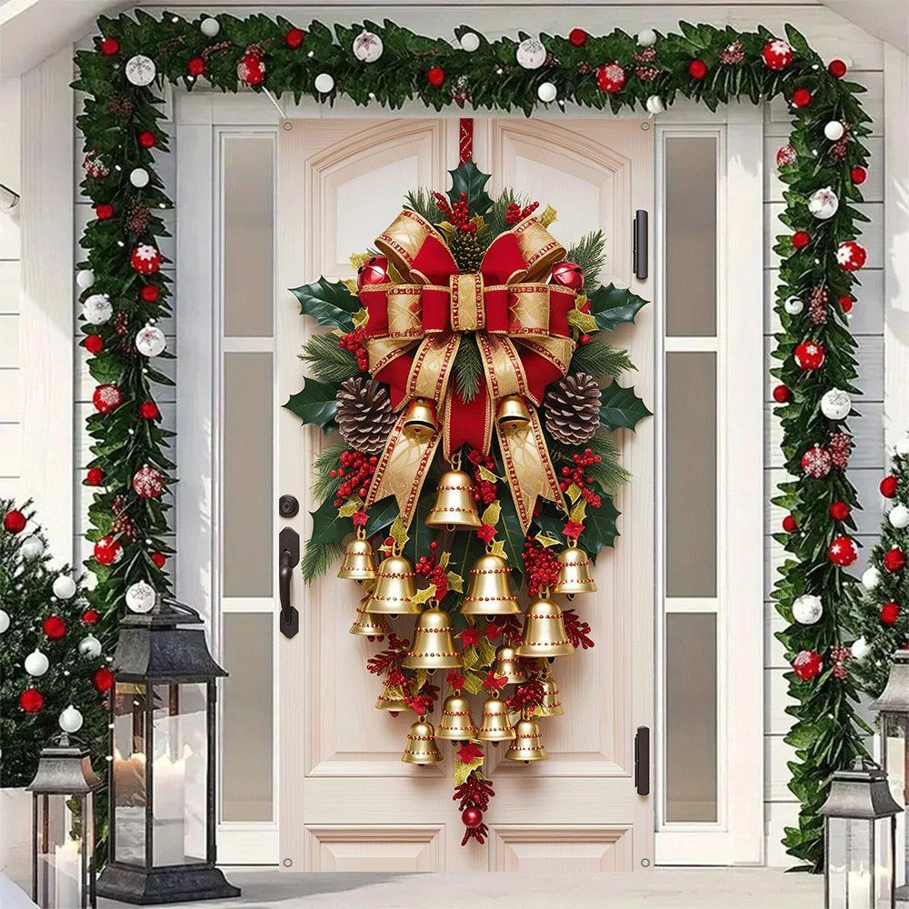 

2d Door Banner Polyester Door Wreath With And Red Bow - No Power Required, Holiday Door Hanging Decoration For Indoor/outdoor Use