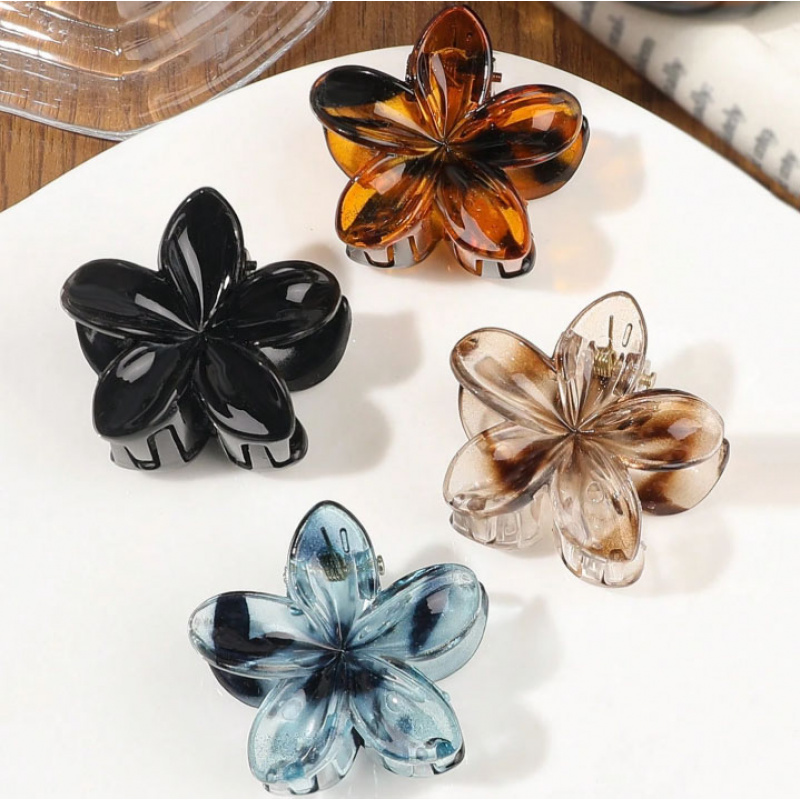 TEMU 4pcs Elegant And Small Leopard Print Frangipani Hair Claw Clips For Women, Simple And Versatile Back-of-the-head Hair Clips, All-match Claw