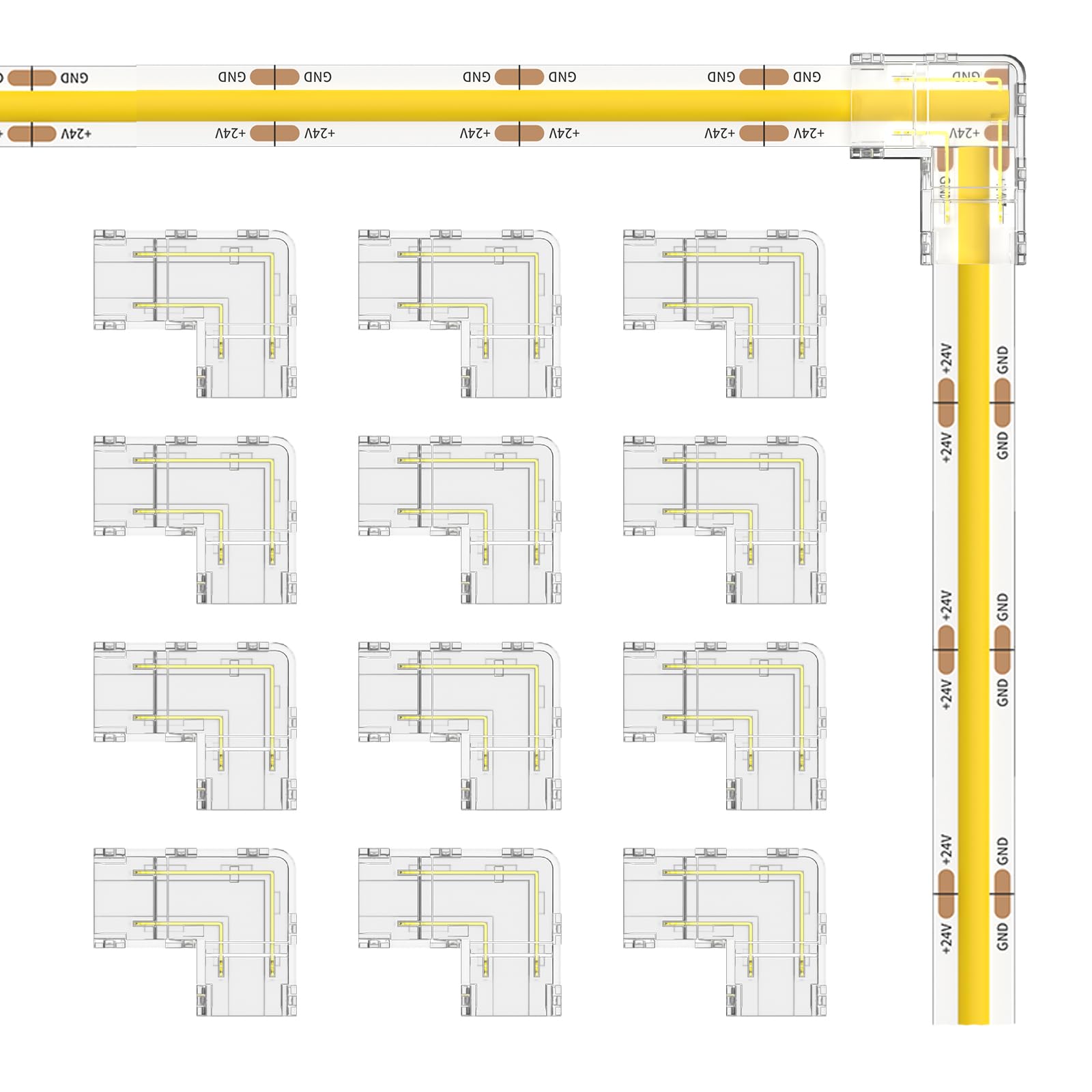 TEMU Miwise 8mm Connectors Kit For 2-pin Cob Led Strip, 12pcs L-shaped/corner Connectors, Solderless Extension Connectors For 5v/9v/12v/24v Cob Led