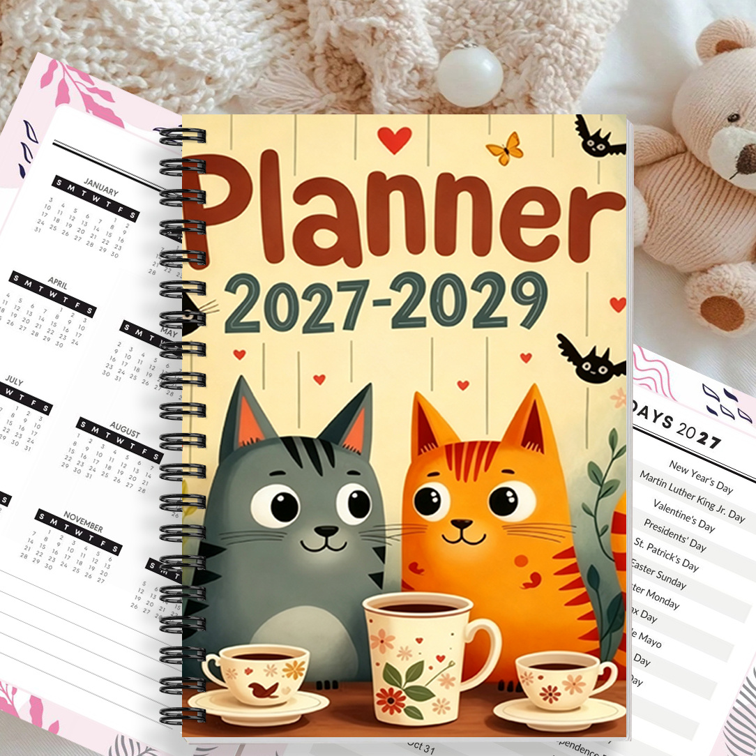TEMU Agenda 2D Plat 1pc, 'Agenda de Planification Trois Ans 2027-2029, Format A5, Cahier à Spirale de Planification 2027-2029, Design Chat , Convient