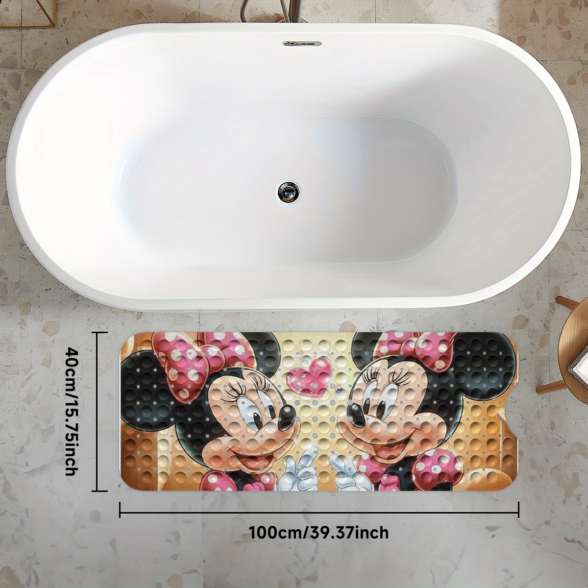 disneys   mouse bath mat features   hearts and bubbles set against a warm colored background in a cartoon style this non slip mat measures 40 100cm 15 7 39 3 inches and provides a comfortable water absorbent surface for your bathroom Product details 3