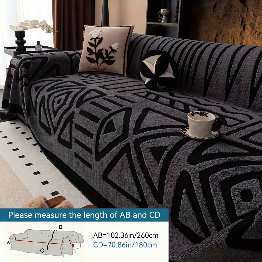 1pc Modern Geometric Plush Sofa Cover- , Dust-proof, Pet-friendly Couch Protector In Black& White/cream- Machine Washable, Fits Single To Four-seater Sofas For Living Room& Bedroom Decor