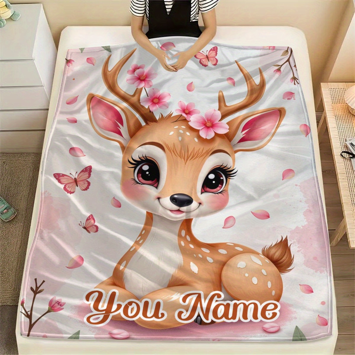 TEMU 1 Couverture personnalisée motif - Rose /blanc//marron - Couverture douce en flanelle avec nom/ personnalisable - léger toutes , cadeau