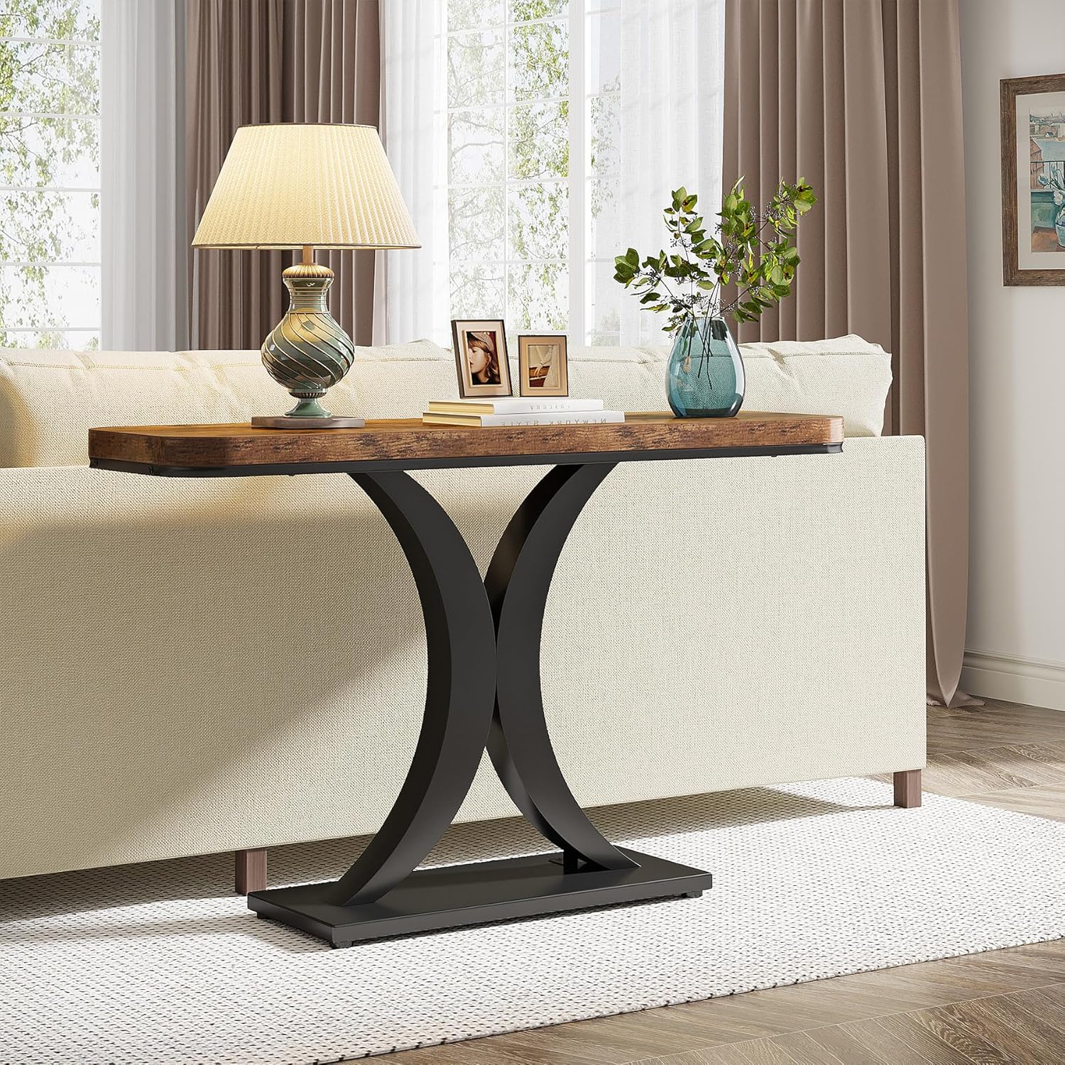 Industrial Console Table, 40 Inch Narrow Entryway Foyer Table With Geometric Base, Rustic Hallway Accent Table For Living Room, Entrance