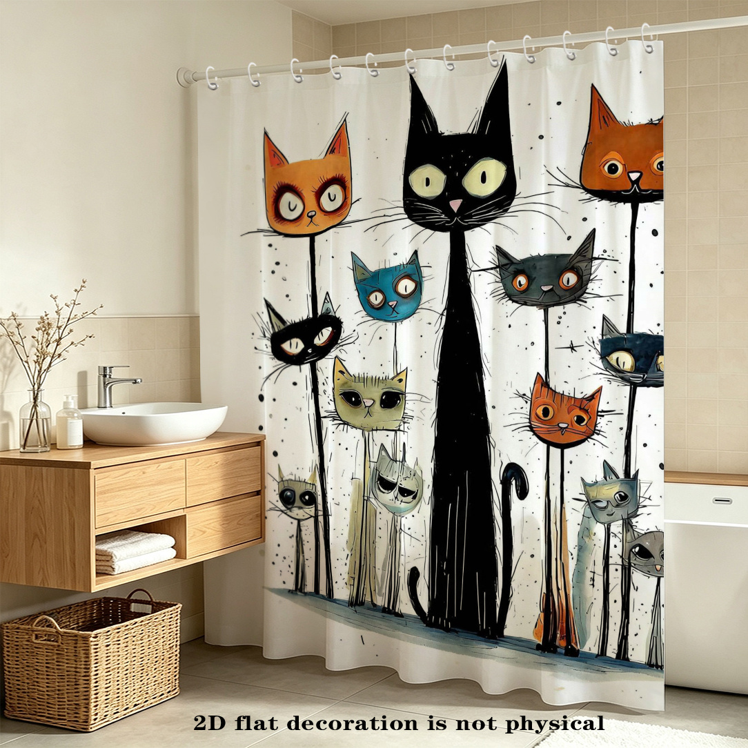 TEMU 2d Flat, 2d Flat, 2d Curtain 1pc, Abstract Cute 7-headed Cat Art, Bathroom Curtain, Bathroom Decor Shower Curtain, Style, Polyester Fabric,