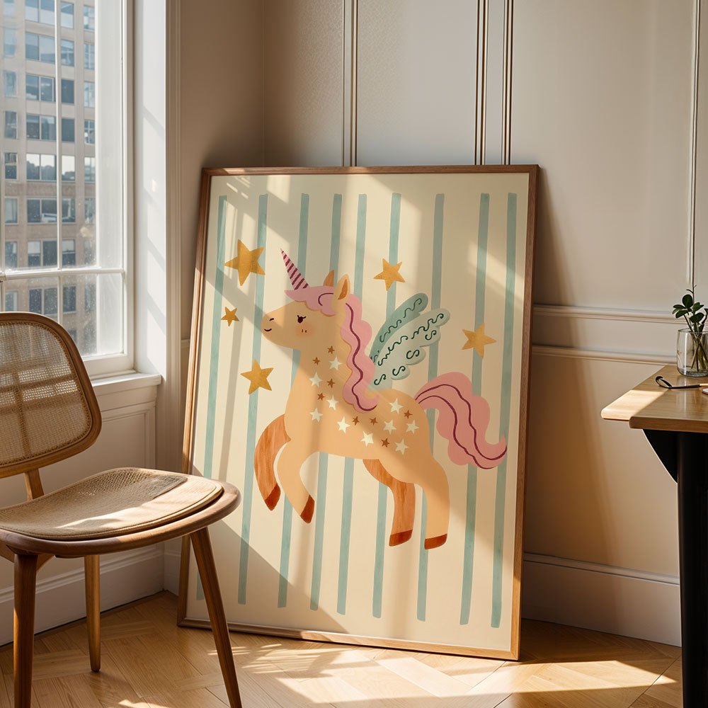 TEMU 2d Flat, Cute Cartoon Style Unicorn With Stars And Stripes Posters Pastel Horse Canvas Prints Wall Decor Canvas Art Print For Bedroom Holiday
