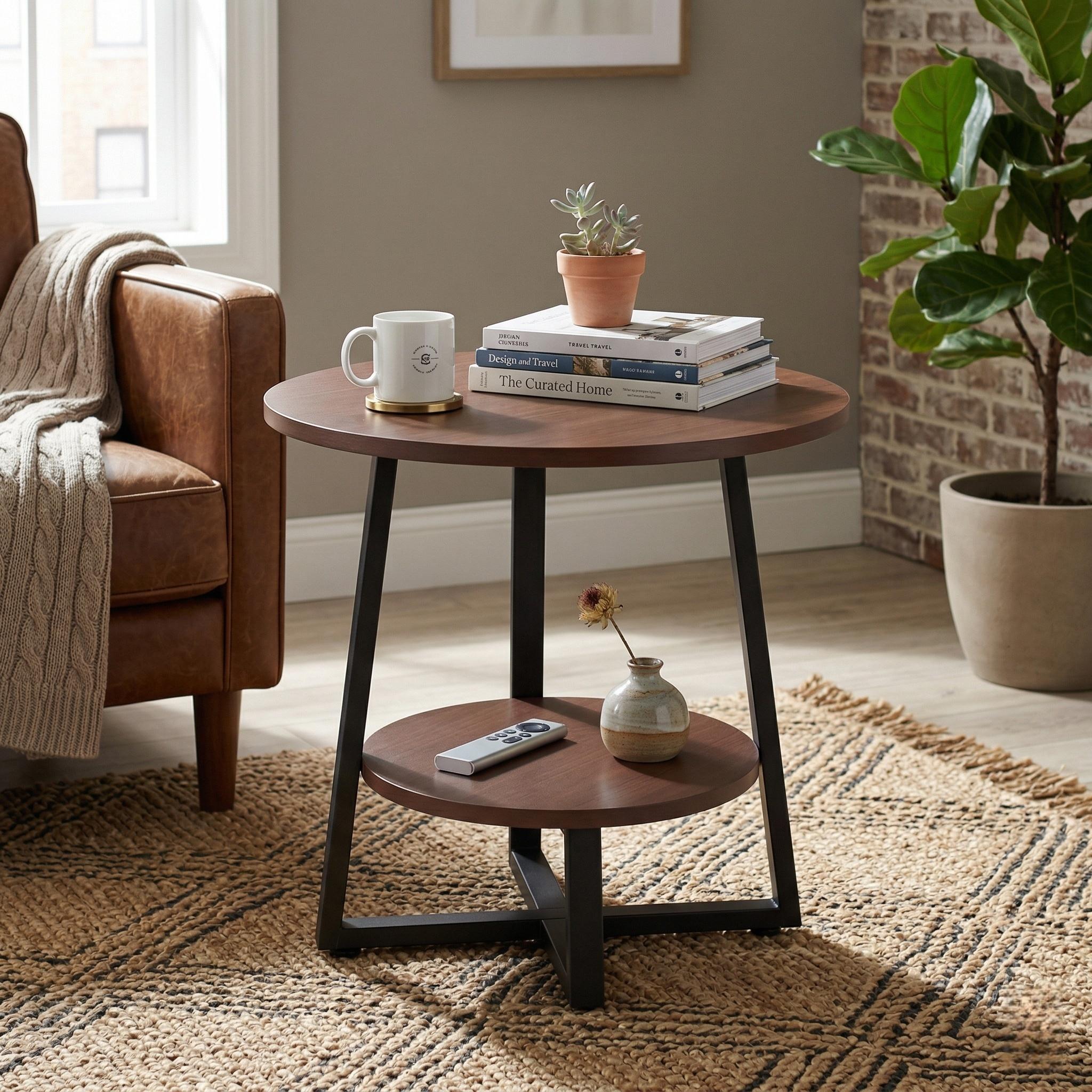 2-tier Round Coffee Table Side Table, Accent End Table, Contemporary Nightstand Bedside Furniture For Living Room Bedroom Balcony