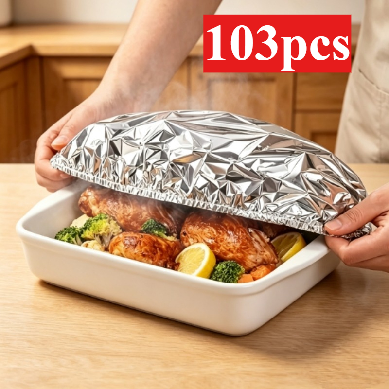 TEMU 103pcs Reusable Aluminum Foil Food Covers, Multi-functional Sealing Cookware Lids, Household Bowl And Plate Food Covers For Insulation,