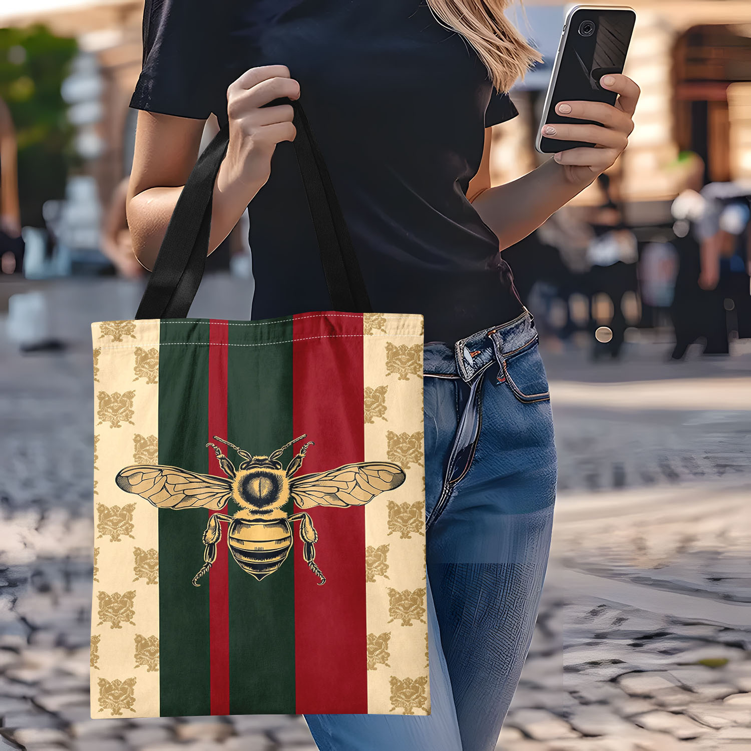 TEMU [stylish ] Luxury Vintage Bee & Red Green Striped Canvas Tote Bag – Large Capacity, Foldable, High-quality Reusable Shopping Bag For Women, Stylish Everyday Use Or Holiday Gift
