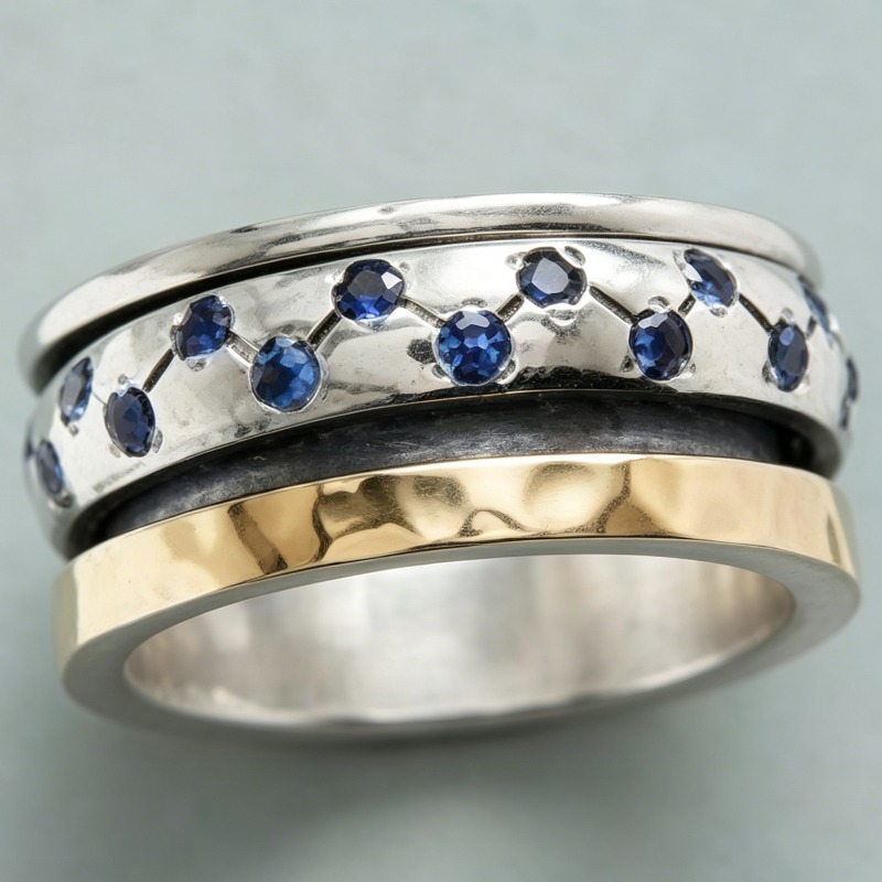 Two-tone Stitched Ring with Hammered Texture, Retro and Modern Style