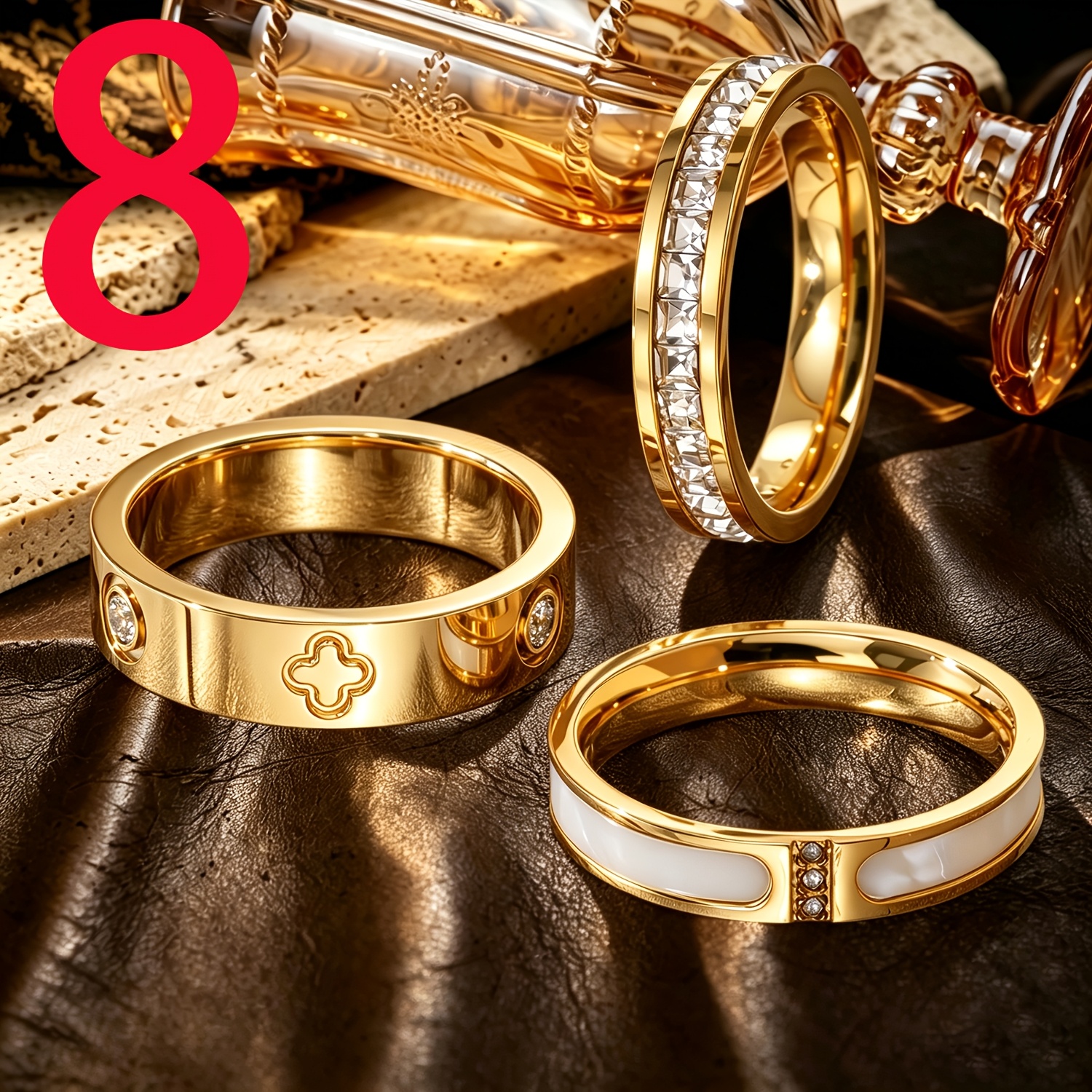TEMU Ensemble de 3 bagues scintillantes exquises de luxe léger, parure de bijoux en acier inoxydable, plusieurs tailles disponibles pour résoudre