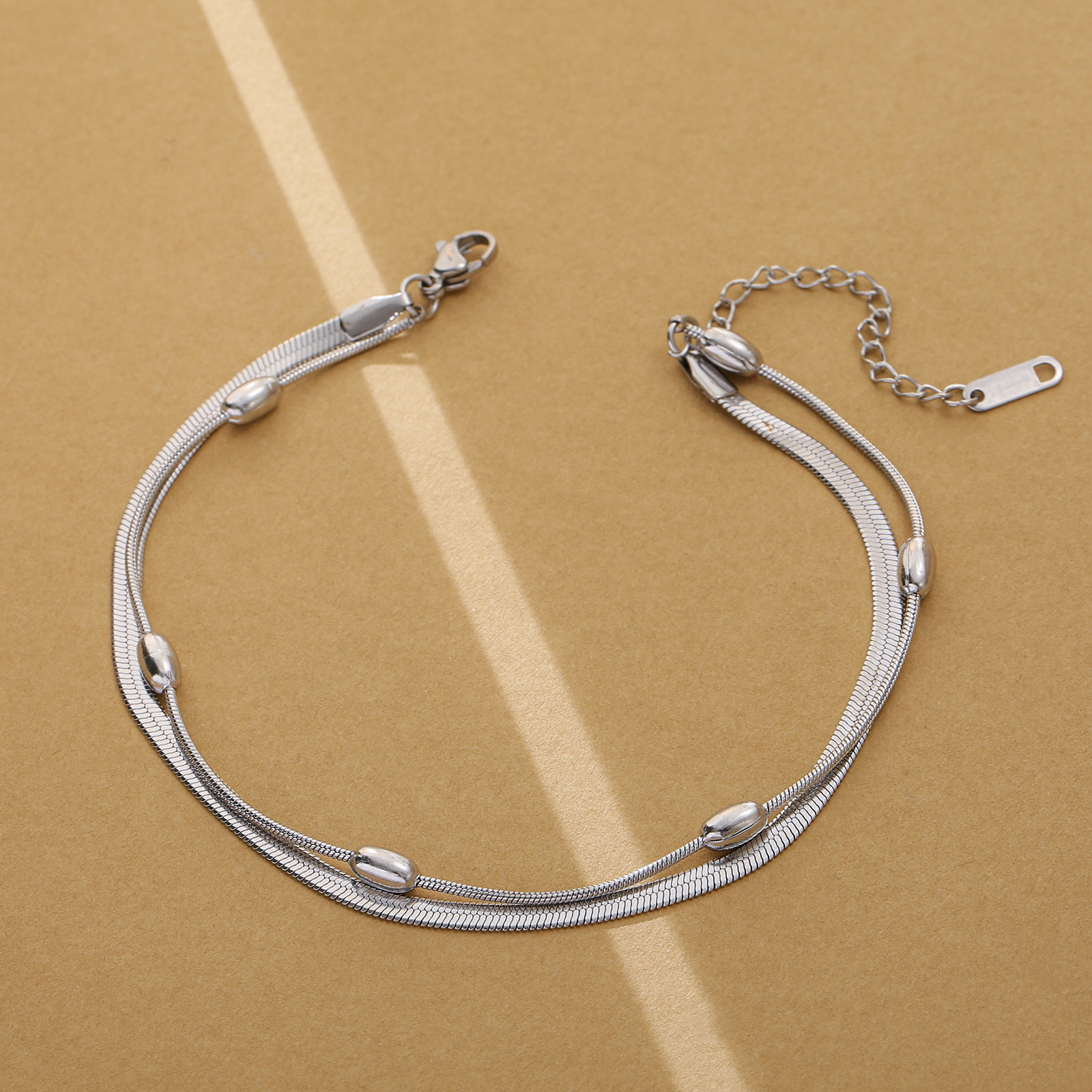 Image of Layered Snake Chain Oval Bead Anklet Women Stainless Steel Golden Silvery Minimalist Stackable Summer Beach Jewelry Gift