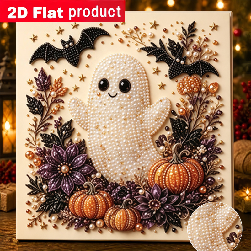 TEMU New 2d/flat Printing Pearl Diamond Painting Kit Featuring An Adorable, Bat, And Pumpkin Design. This Diy Handmade Rhinestone Art Kit Includes
