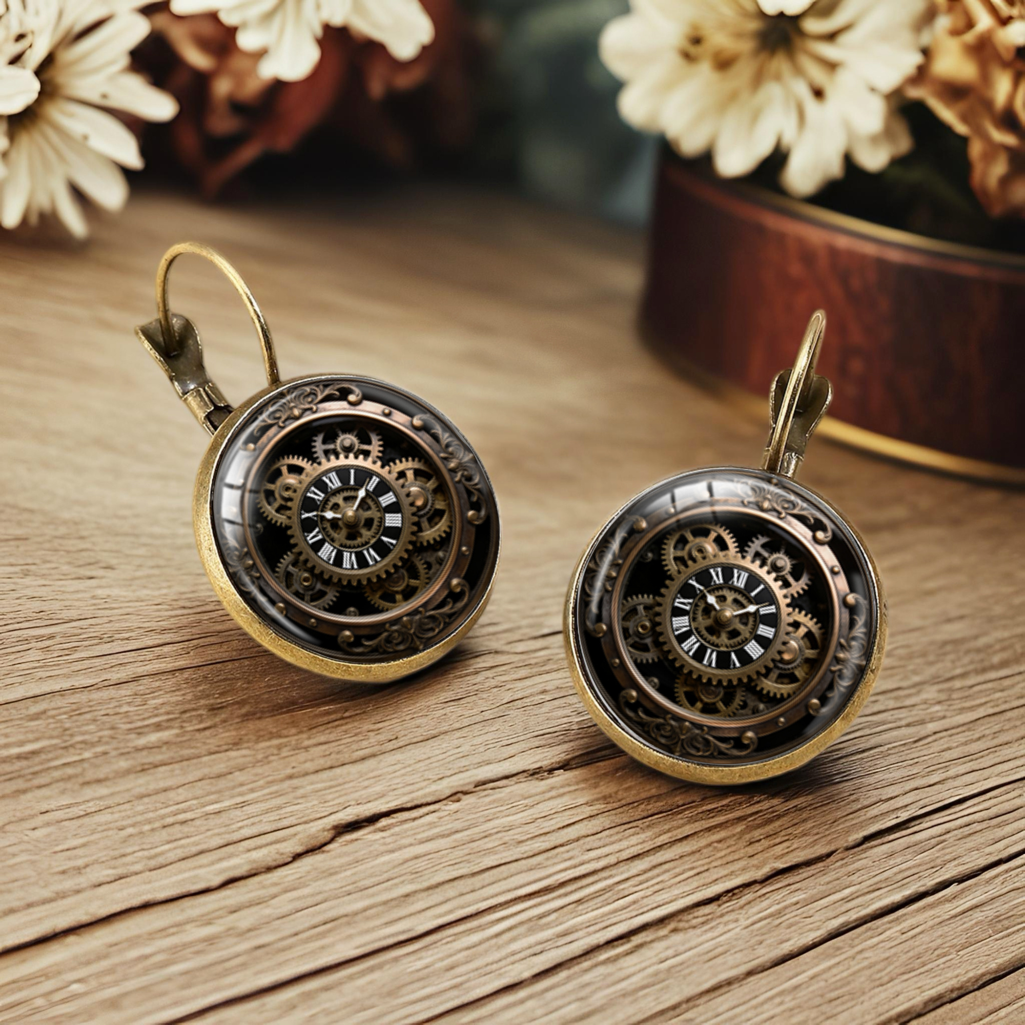 Steampunk Hollowarg Earrings with Classic Roman Numeral Dial