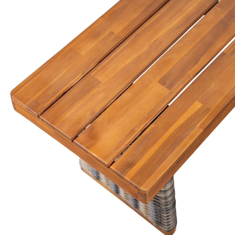 Outdoor 1pc Acacia Wood Bench, Teak Finish+ Grey Wicker