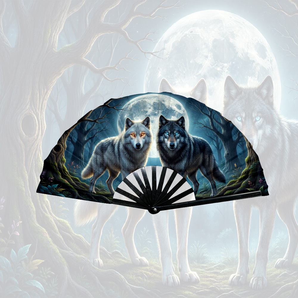 TEMU 1pc Elegant Printed Folding Fan Forest Wolves Handcrafted For Wedding Party Decoration, Home Decoration Gift, With Vivid Printed Patterns,