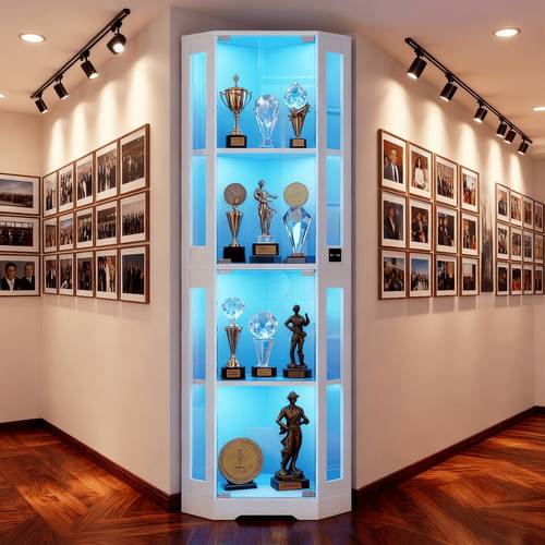 1pc corner glass display cabinet white single door showcase with tricolor led lights motion sensor 4 tier storage shelf for living room bedroom study office collectibles display