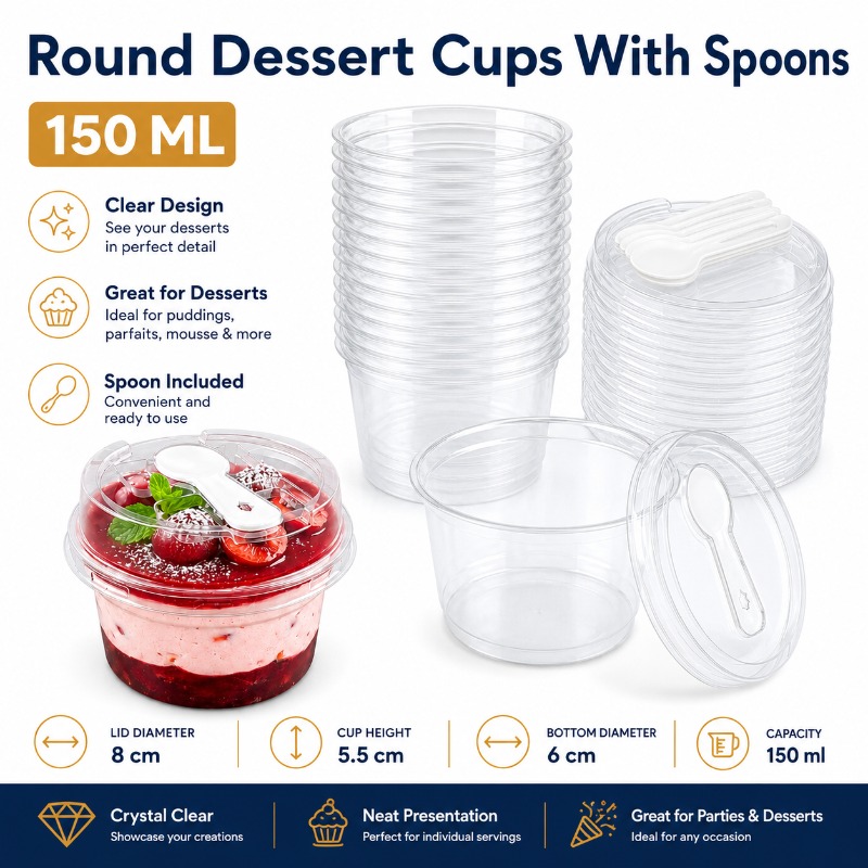 75pcs round dessert cups 5oz each 25 cups and 25 lids and 25 spoons   parties     used   yogurt parfaits jellies   yogurt salads and more