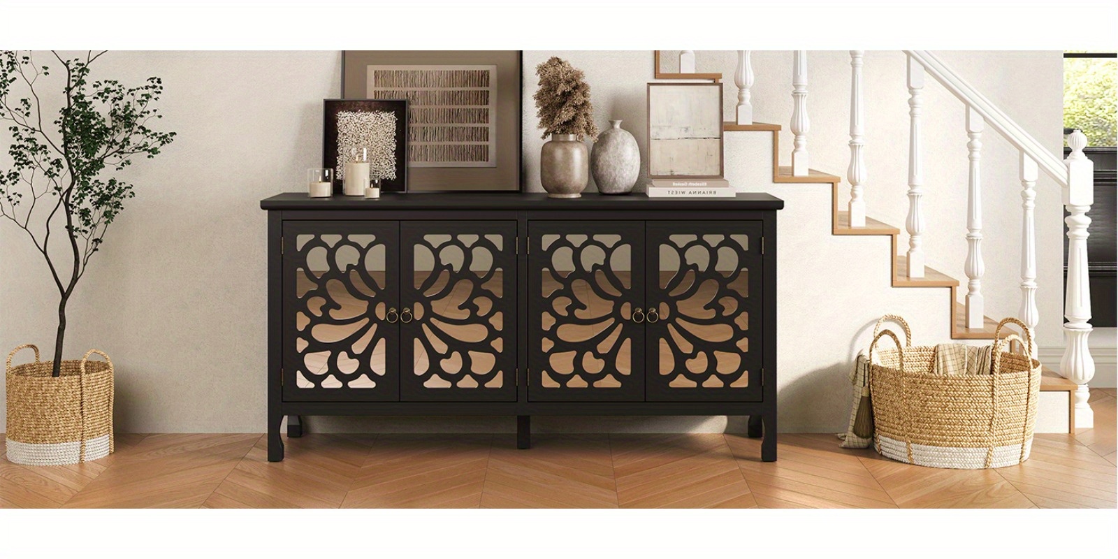 Modern Freestanding Buffet Credenza with Mirror & Storage - Adjustable Shelf Cabinet Suitable for Living Room, Dining Room, Entryway - Elegant Panel Doors & Tall -Standing Furniture