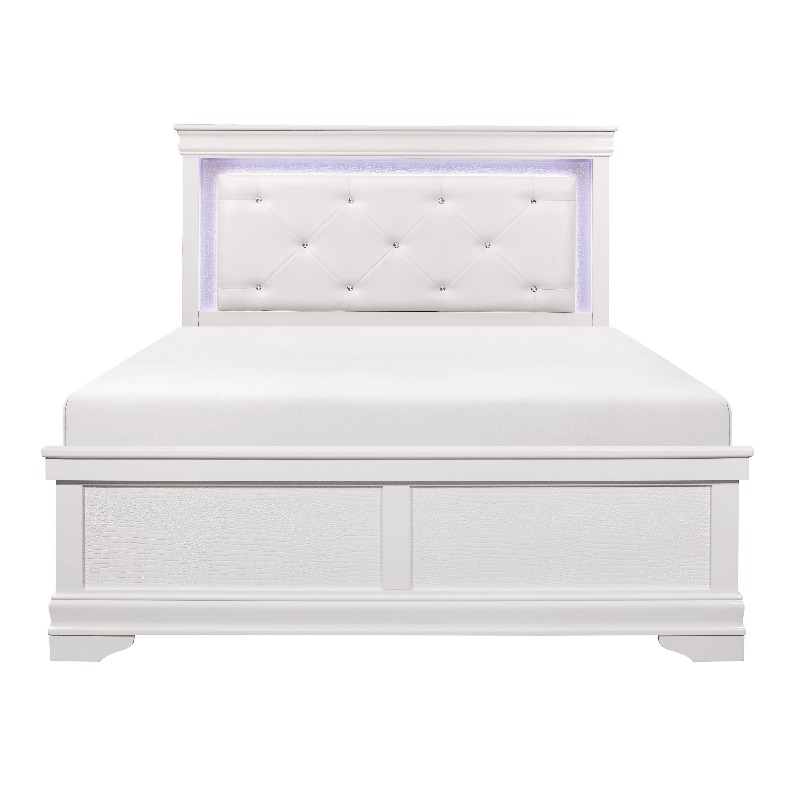 Classic Style Queen Bed with White End, Featuring Button-Tufted Upholstered Headboard And Faux Alligator Patterned Panels