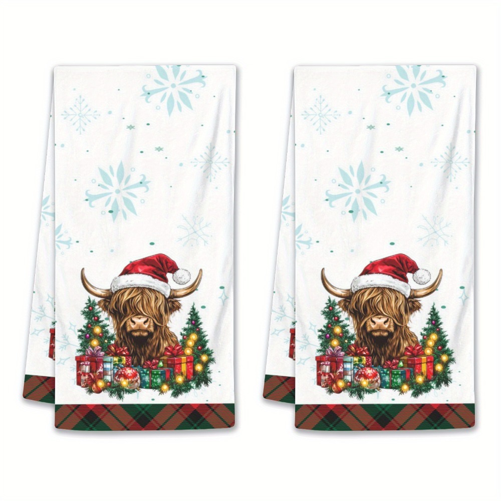 TEMU 2pcs Of Christmas Highland Cow Kitchen Towels, , Featuring A Red And Green Checkered Pattern With Blue Snowflakes, Holiday Decoration And Gifts