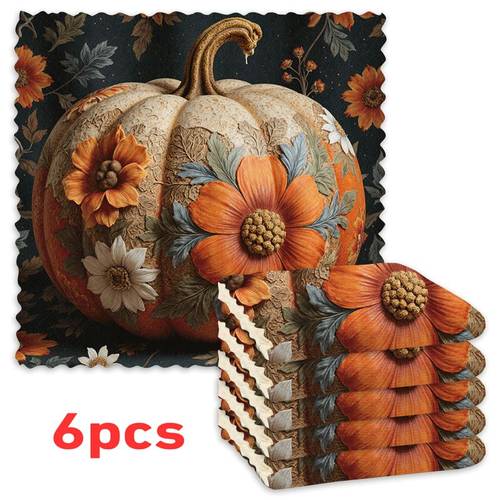 item picture 6pcs kitchen dish towels autumn retro pumpkin floral 2d element pattern reusable cleaning cloth microfiber scouring pad strong absorbency easy to clean thickened fleece travel multi functional small square towels suitable for home and res