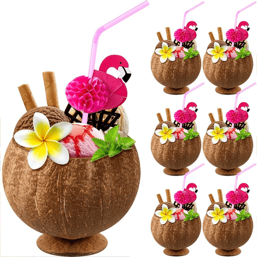 6pcs coconut cups 50 red bird straws set reusable bowls with base for pool parties beach events bar decor cocktail ice