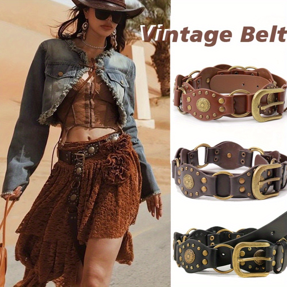 Vintage Western Oval Waist Belt Hollow Out Studded Retro Belts Amazon.com: Heyjoin Oval Disc Belt for Women Wide Leather  main image 3