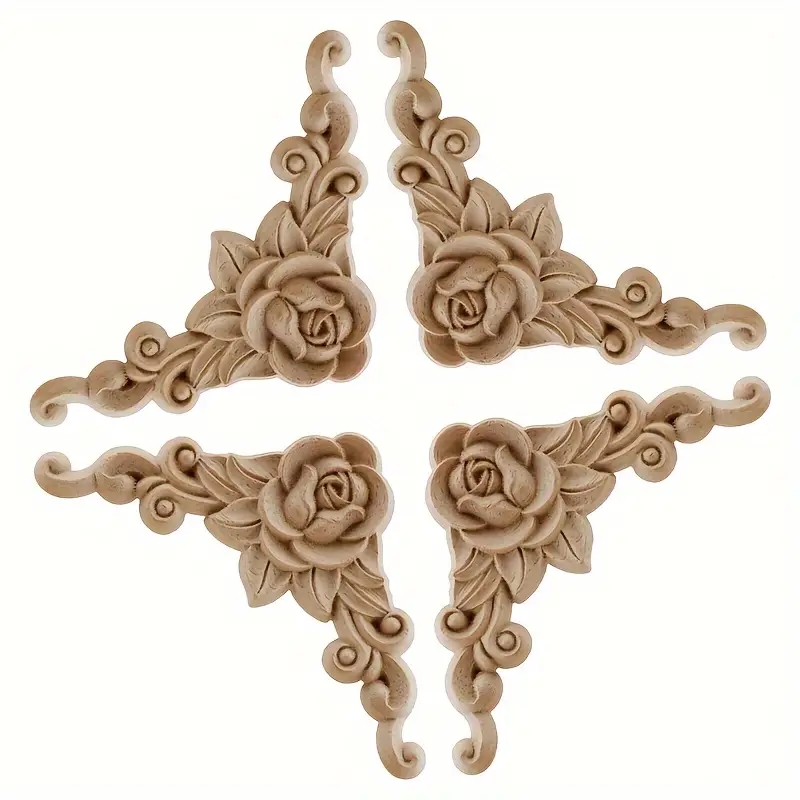 TEMU 4pcs Solid Wood Carved Inlay Rose Corner Appliques For Home Decoration, Unpainted. Suitable For Cabinets, Doors, Windows, Dressers, Furniture,