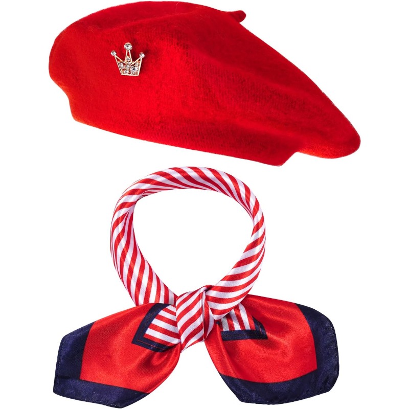TEMU 3pcs French Beret Hat Set Costume Accessories Set Including Beret Hat Scarf Crown Pin For Women French Themed Party